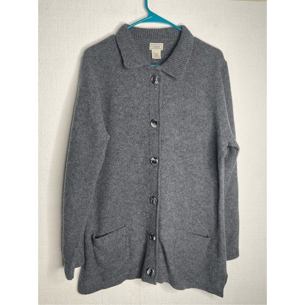 L.L. Bean Women Gray Wool Long Sleeve Pockets Button Front Cardigan Size L